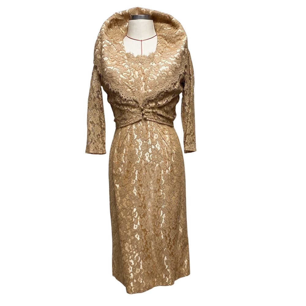 Vintage Womens Homemade Tan Lace Short Sleeve Dress Bolero Jacket Set - Picture 3 of 11